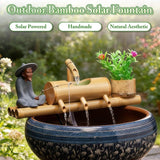 N/A Bamboo Solar Water Fountain Kit, Outdoor Bamboo Water Fountain Solar Powered, Bamboo Fountain Garden Water Feature, Bamboo Zen Fountain with 4 Water Outlets, for Garden Patio Pond,14in