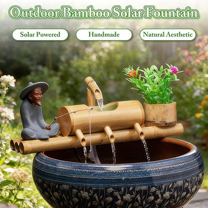 N/A Bamboo Solar Water Fountain Kit, Outdoor Bamboo Water Fountain Solar Powered, Bamboo Fountain Garden Water Feature, Bamboo Zen Fountain with 4 Water Outlets, for Garden Patio Pond,14in