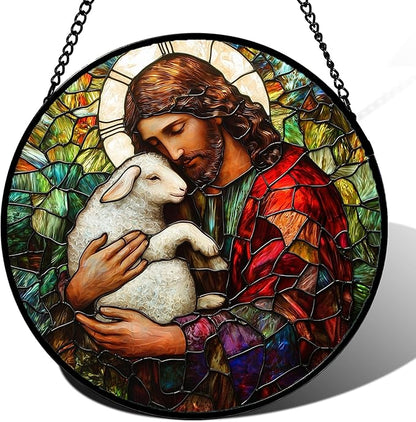 DASTOLL Stained Glass Window Hanging, Jesus Little Lamb Sun Catchers Colorful Glass Panel Christianity Suncatcher Decor for Birthday for Women, Men, Wife, Aunt, and Mom 14.9x14.9 in