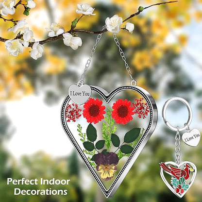 KY&BOSAM Heart Suncatcher I Love You Stained Glass Wind Chime for Windows Pressed Flower Between Heart in Glass and Metal Engraved Charm Birthday Gift for Women Mom Mother's Day Valentine's Christmas