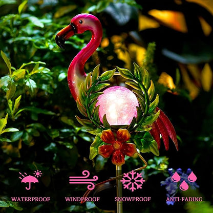 Solar Globe Lights for Garden Decoration,40.9 Inch Flamingo Front Porch Decor with Cracked Glass Puck Light for Outside Patio Pathway Yard Decoration