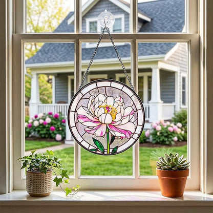 Stained Glass Window Hanging, Pink Peony Suncatcher 7.8 in Sun Catcher Glass Panel Boho Wall Art Decor with Chain Diamond Glass Panel Hangings Scenery Sun Catchers Decor for Lover Couple Mom