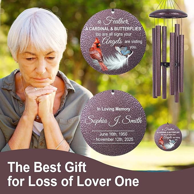 ASTARIN Cardinal Feather Butterfly 32 in Wind Chimes for Memorial, Personalized Bereavement Gift Idea, Windchimes in Loving Memory of a Loved One, Funeral Gifts for Condolences Women, Produced in USA