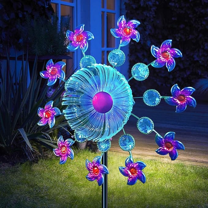 40" Solar Flower Gem Wind Spinners Garden Stake, Solar Wind Sculpture Yard Art Decorations for Lawn,Patio&Yard & Garden Decor, Metal Whirligigs Wind Spinners Outdoor