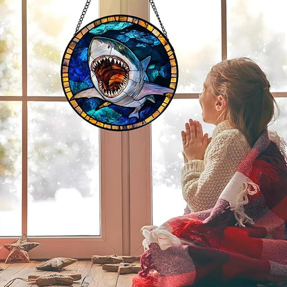 CHATYOUNG Stained Glass Window Hanging Ocean Sea Ferocious Big Shark Large 11.8" - Suncatcher Door Garden Sunroom Sun Catcher Home Decor Father's Day Birthday Christmas for Mom Men Woman Father Friend