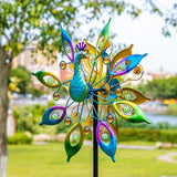 DREAMYSOUL Outdoor Peacock Wind Spinners with Gem Decor, 13" D*65" H Double Sided Kinetic Wind Sculptures & Spinners, Metal Peacock Decor for Garden Yard Lawn