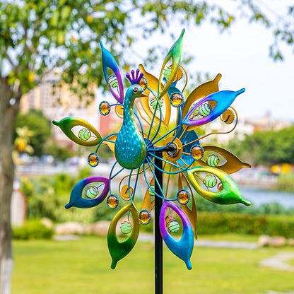 DREAMYSOUL Outdoor Peacock Wind Spinners with Gem Decor, 13" D*65" H Double Sided Kinetic Wind Sculptures & Spinners, Metal Peacock Decor for Garden Yard Lawn