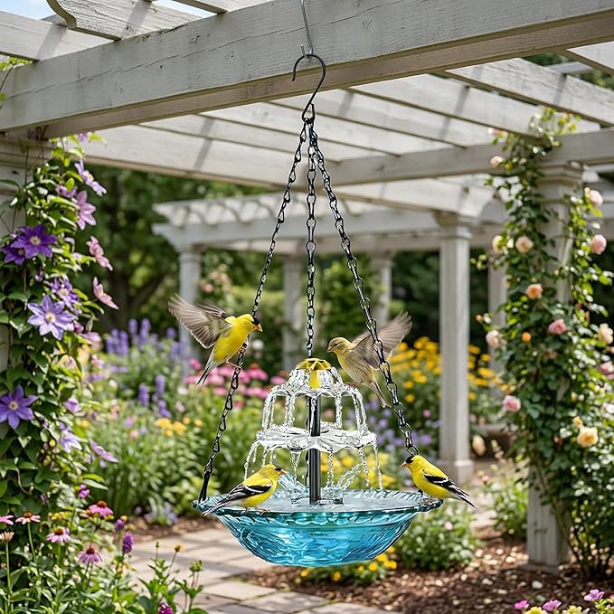 Solar Cascade Hanging Bird Bath Fountain, 2026 New Solar Fountain for Bird Bath Hanging Solar Bird Bath Fountain with Solars Pump & Bowl Decorative Garden Yard Patio (Blue)