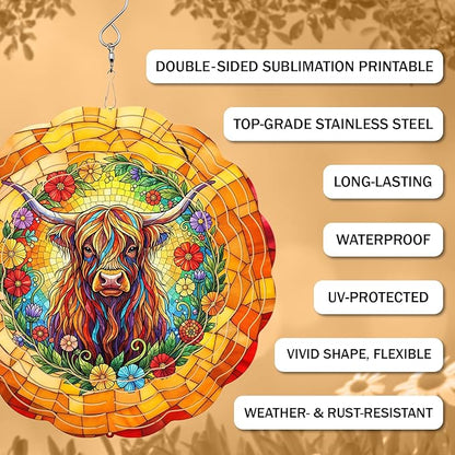 Highland Cow Wind Spinner, 3D Hanging Stainless Steel Garden Spinner, Wind Spinner Hanging for Outdoor & Indoor Décor, Unique Gifts for Yard Garden Decoration or Patio Décor (Highland Cow)