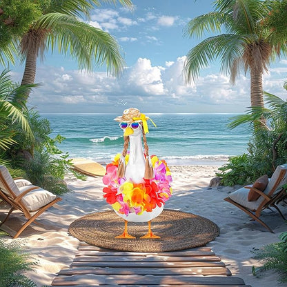 DECOHS 4 Pcs/Set Hawaiian Porch Goose Outfits, Summer Lawn Goose Statue Clothes Costume, 23"/ 17" Patio Goose Decor Hawaiian Wreath Straw Hat with Glasses Wig for Luau Party Outdoor Garden Yard Decor