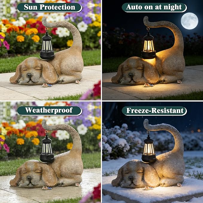 Solar Dog Garden Statue with Lantern, Beagle Dog Figurine Solar Light Garden Outdoor Decor, Outdoor Waterproof Decoration for Dogs Lover, Beautifully Crafted Birthday Gifts for Mom or Dad