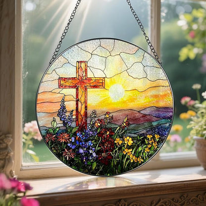8 Inch Cross Sunset Suncatchers for Windows Hanging, Indoor Decor 8 Inch, Stained Glass Gift, Christian Gifts, Religious Gifts, Christian Cross, Christmas Jesus Gift, Window Decor