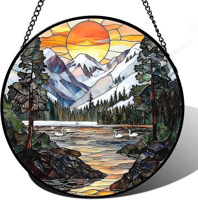 Stained Glass Window Hanging, Sunset Mountains and Lakes Landscape Suncatcher for Window Doors Garden Home Decoration, Glass Panel Ornaments for Women,Men,Wife, Lovers, and Mom 7.8×7.8 in