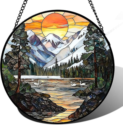 Stained Glass Window Hanging, Sunset Mountains and Lakes Landscape Suncatcher for Window Doors Garden Home Decoration, Glass Panel Ornaments for Women,Men,Wife, Lovers, and Mom 7.8×7.8 in