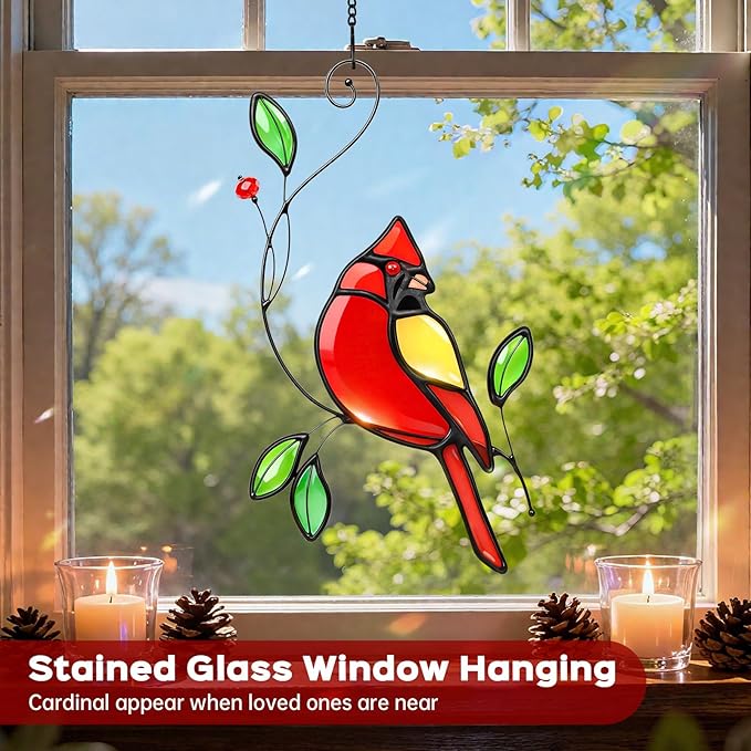 Cardinal Stained Glass Window Hanging for Mother's Day, IDEA SHOW Red Cardinal Suncatcher, Real Glass Window Hanging Ornament, Handmade Bird Home Decor Memorial Gift for Women, Mom, Bird Lover