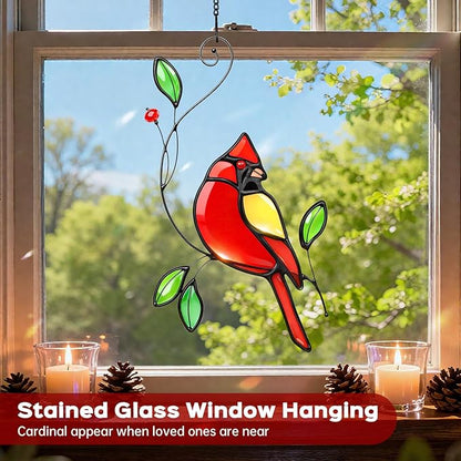 Cardinal Stained Glass Window Hanging for Mother's Day, IDEA SHOW Red Cardinal Suncatcher, Real Glass Window Hanging Ornament, Handmade Bird Home Decor Memorial Gift for Women, Mom, Bird Lover