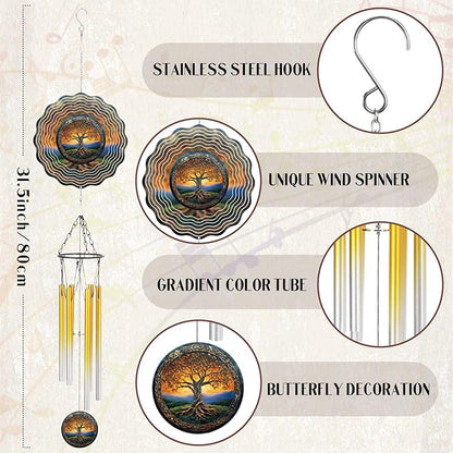 Tree of Life Wind Chimes - Metal Windchime with Spinners Outdoor Garden Patio Yard Decor Indoor Balcony Home Hanging Christmas New Year Housewarming Birthday Gift for Women Mom Grandma Wife