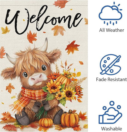 Heyfibro Welcome Fall Highland Cow Garden Flag 12x18 Double Sided Burlap, Autumn Pumpkin Sunflower Yard Flags for Thanksgiving Rustic Seasonal Outside Outdoor Decoration (ONLY FLAG)