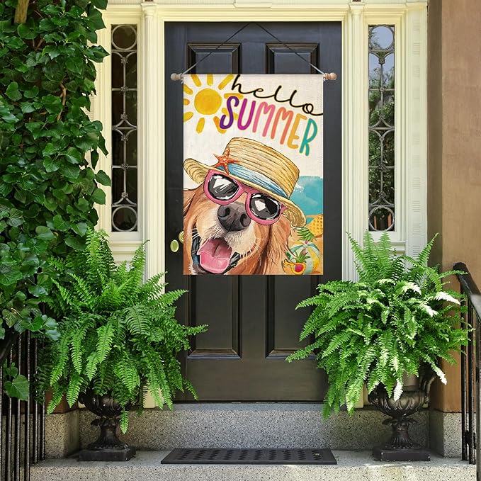Hello Summer House Flags for Outdoor Decoration, Dog with Sunglass Beach Sun Hat Large Yard Flag, Seasonal Decorative Celebration Decor for Spring Farmhouse Holiday Outside 28x40 Inch Vertical Double Sided