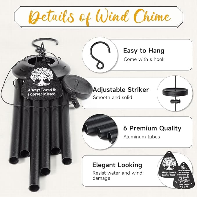 Memorial Gifts for Loss of Son, 25''Memorial Wind Chimes for Loss of Son Gifts, Condolence/Remembrance/Bereavement Gift,Windchimes in Memory Sympathy Gift,Funeral Decor for Garden Outside,Black