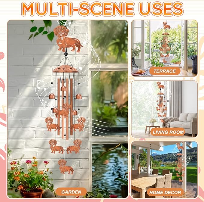 Dachshund Wind Chimes for Outside Metal Windchimes Dachshund Gifts for Women Men Garden Decor for Patio Yard Memorial for Dog Lovers