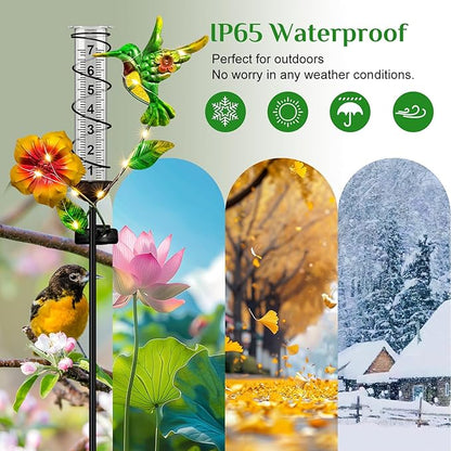 Rain Gauge Outdoor - Hummingbird Decorative Rain Gauges with LED Solar Lights, Freeze Proof Height Adjustable, Metal Water Gauge for for Yard Garden Decor