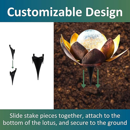 MCSLOTUS-G Gold Lotus Flower Solar LED Garden Light with Crackled Glass Globe – Waterproof Metal Outdoor Décor