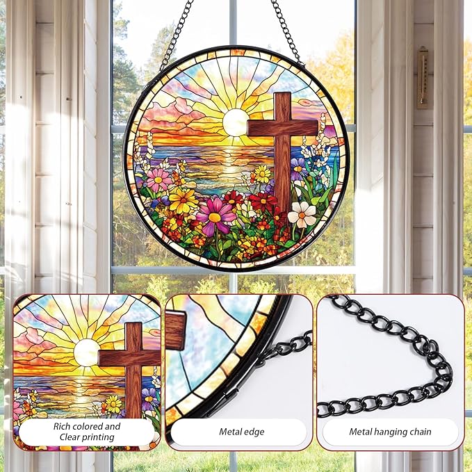 Rngmsi Cross Flower Stained Glass Window Hanging Gift, 7.8″ Sun Catchers Indoor Window Decor, Decorative Suncatchers Home Garden Art Religious Gift for Thanksgiving Christmas Housewarming