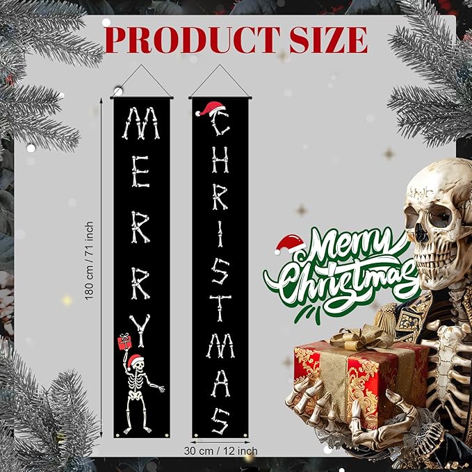 Gothic Christmas Door Banner Gothic Skeleton Christmas Decor for Outdoor, Spooky Skeleton Hanging Merry Xmas Porch Door Sign for Outside Yard Party Decor