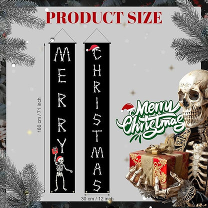 Gothic Christmas Door Banner Gothic Skeleton Christmas Decor for Outdoor, Spooky Skeleton Hanging Merry Xmas Porch Door Sign for Outside Yard Party Decor