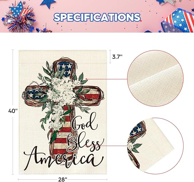 AVOIN colorlife God Bless America Stars and Stripes House Flag 28x40 Inch Double Sided, Memorial Day 4th of July Patriotic Lily Cross Yard Outdoor Decoration