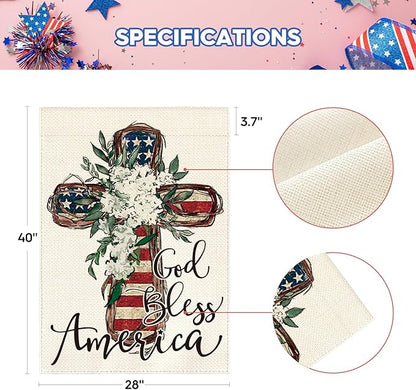AVOIN colorlife God Bless America Stars and Stripes House Flag 28x40 Inch Double Sided, Memorial Day 4th of July Patriotic Lily Cross Yard Outdoor Decoration