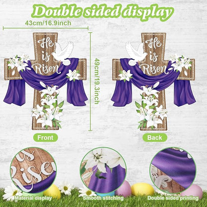 He is Risen Easter Decorations Cross Garden Banner Double-Sided Printed Flag Sheep Yard Flags Bunting Outdoor House Yard Rise Christian Jesus Lily Flowers Spring Seasonal Decoration Cross