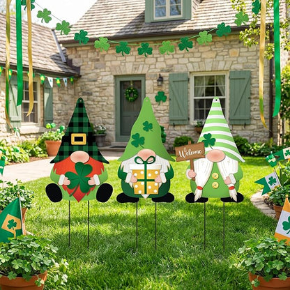 LEIFIDE 3 Pcs St. Patrick's Day Garden Decor for Outside, Metal Green Gnome Stakes, Saint Patricks Day Decorative Welcome Signs Stakes with Shamrocks for Outside Outdoor Irish Yard Lawn Backyard Porch