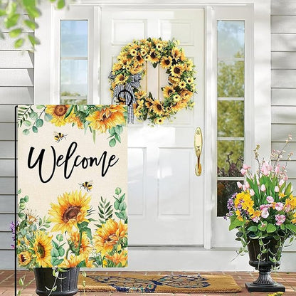 Baccessor Spring Garden Flag Sunflower Bee Eucalyptus Leaves Welcome Flag 12.5 x 18 Inch Double Sided Burlap Yard Small Spring Summer Flag for Outside Decor