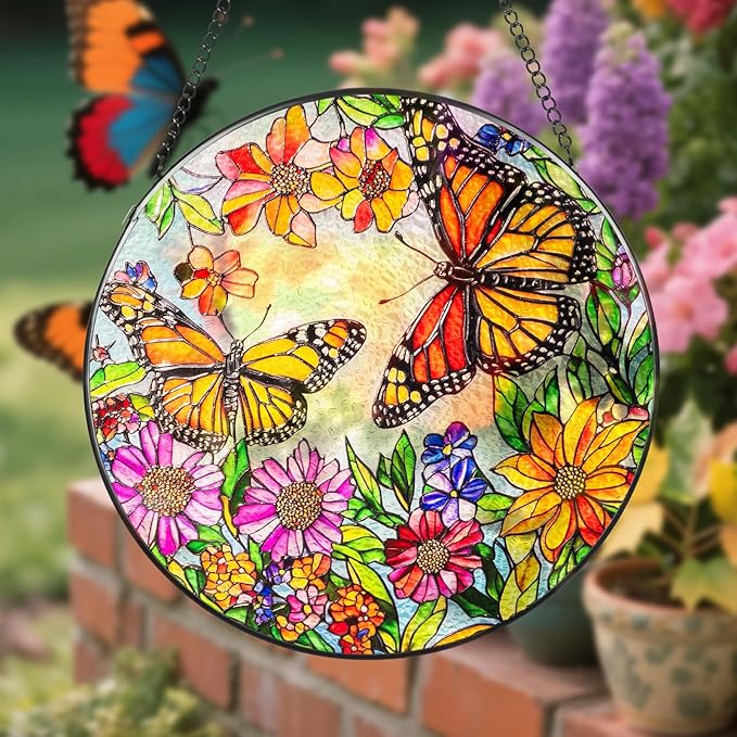 Suncatcher Stained Glass Window Hanging - Butterfly Glass Panel with Metal Chain and Hooks Handmade Sun Catcher Decoration for Window Garden Home Christmas & Birthday Gifts (7.8 Inch)