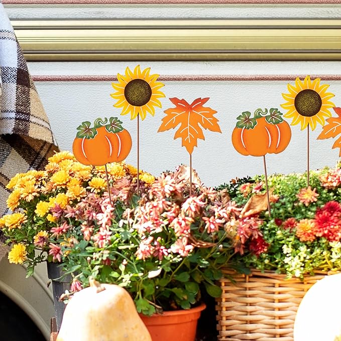 Glitzhome 18" H Set of 6 Metal Fall Harvest Yard Signs with Stakes,Thanksgiving Pumpkin Sunflower Maple Leaf Garden Stakes Welcome Standing Signs for Autumn Lawn Walkway Holiday Outdoor Decor