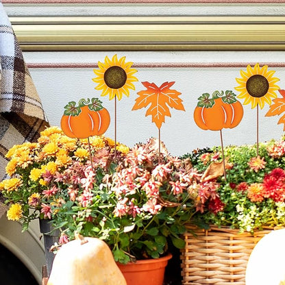Glitzhome 18" H Set of 6 Metal Fall Harvest Yard Signs with Stakes,Thanksgiving Pumpkin Sunflower Maple Leaf Garden Stakes Welcome Standing Signs for Autumn Lawn Walkway Holiday Outdoor Decor