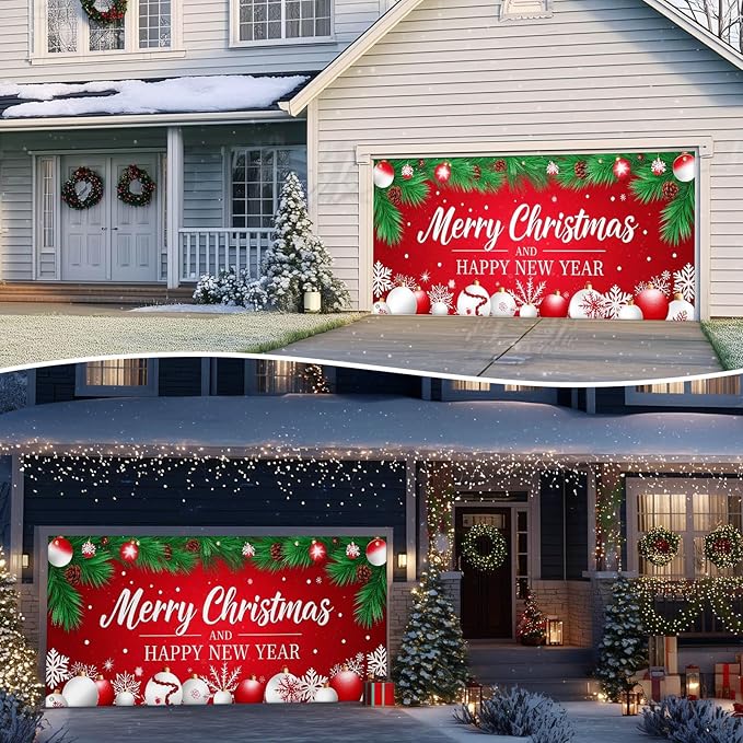 IVN Christmas Garage Door Cover Decoration 13x6ft Red Background Pine Needles White Baubles Snowflakes Merry Christmas Winter Garage Door Banner Home Door Front Yard Decor for Xmas Eve Holiday Outdoor