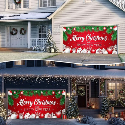 IVN Christmas Garage Door Cover Decoration 13x6ft Red Background Pine Needles White Baubles Snowflakes Merry Christmas Winter Garage Door Banner Home Door Front Yard Decor for Xmas Eve Holiday Outdoor