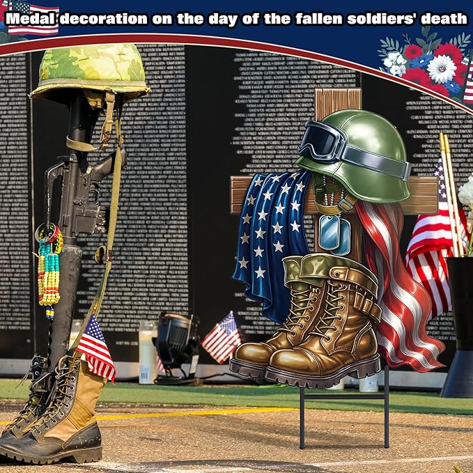 Moxweyeni Metal Memorial Day Yard Decoration Patriotic Yard Sign with Stakes 13.78 Inch Military Soldiers Boots Patriotic Veteran Outdoor Decoration for Home Garden Lawn Supplies