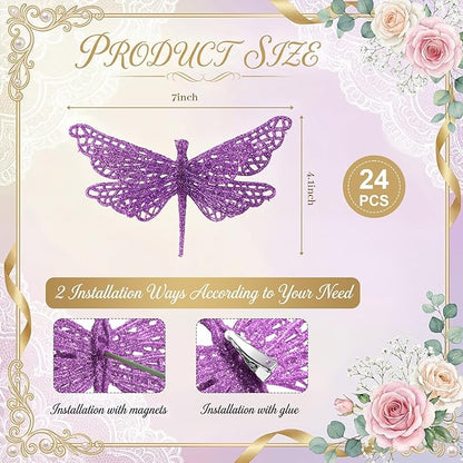 24 Pcs Glitter Dragonfly Decorations, Purple 3D Dragonfly Wall Decor with Clips Stem for Spring Summer Garden Party Wedding, Glitter Dragonflies for Floral Arrangement DIY Craft