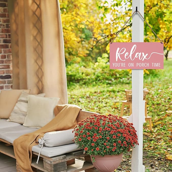 JXREQ Pink Wall Decor Door Sign Relax You're On Porch Time, Front Door Outdoor Porch Wood Hanging Sign for Home Backyard Patio, 12x6 Inch
