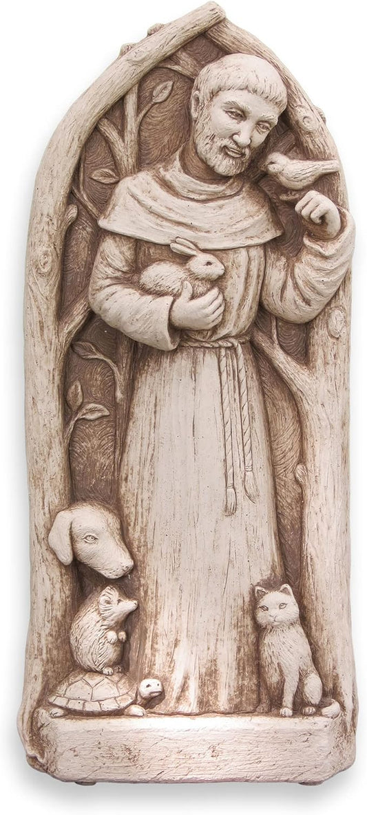 Carruth Studio Saint Francis Statue - St. Francis Blesses The Animals, Outdoor Garden Wall Plaque, Free Standing or Hanging 9" Handcrafted Stone Sculpture