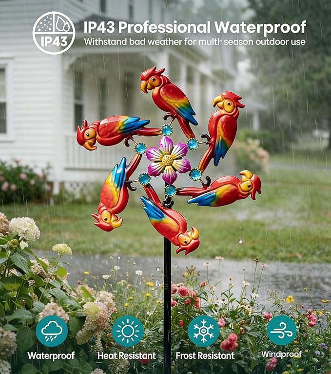 44" Parrot Garden Wind Spinners - Metal Outdoor Stakes Kinetic Wind Spinner Windmills Decor, Wind Sculpture Yard Art Decorations for Patio, Lawn & Garden