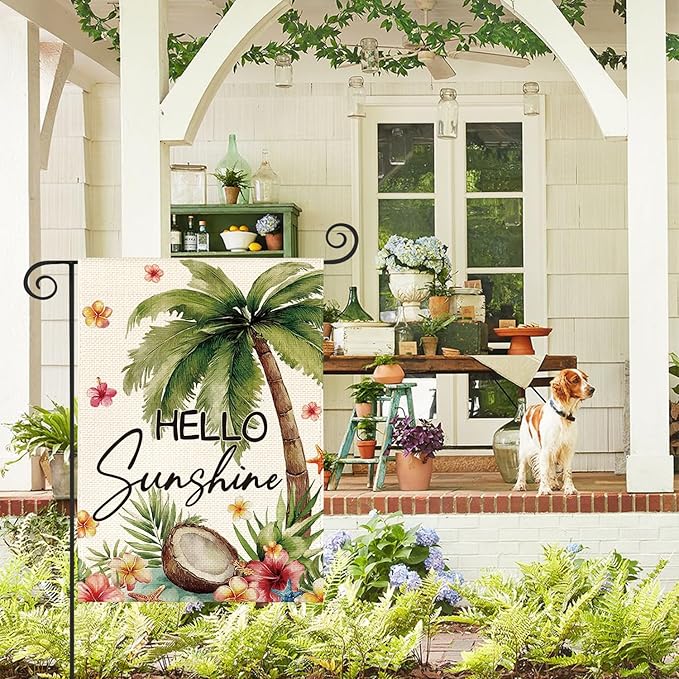 AVOIN colorlife Summer Tropical Palm Tree Garden Flag 12x18 Inch Double Sided Outside, Hello Sunshine Seasonal Burlap Yard Outdoor Decoration