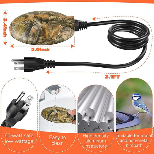 2 Pack Upgrade Bird Bath Heater for Outdoors in Winter, Pond Deicer 60 Watts Birdbath Deicer Water Heater Thermostatically Controlled with Auto Shut off Function for Patio Lawn (Army Green,Black)