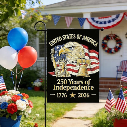 250th Anniversary Garden Flag, 250 Years of Independence Double Sided Garden Flag 12.5x18 Inch, Patriotic Yard Flag with Statue of Liberty, Bald Eagle & Liberty Bell Design, 4th of July Lawn Sign