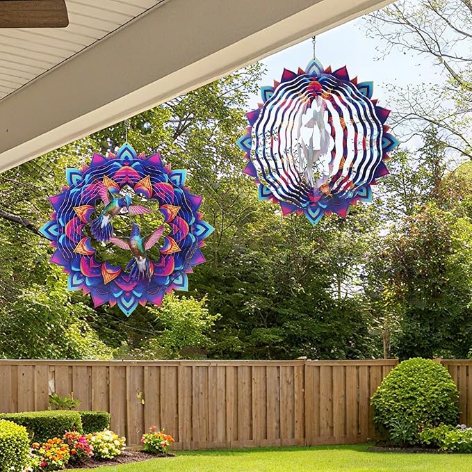 Hummingbird Wind Spinner, 12-Inch 3D Kinetic Metal Hanging Wind Spinners Outdoor, Garden Yard Decorations Indoor Outdoor Decor, Hummingbird Gifts for Women Men Birthday