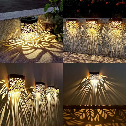 DenicMic Solar Wall Lights Outdoor 4 Pack Fence Solar Lights Led Waterproof Deck Lighting for Patio Pool Step Front Door, Metal Leaf Fence Decoration, Warm White/Color Changing